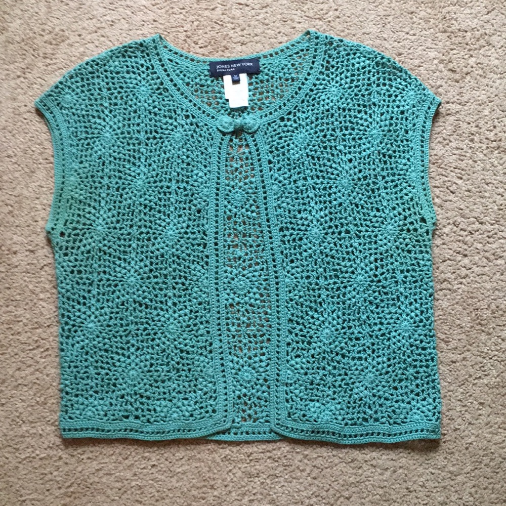 Jones New York Crocheted cardigan teal sweater